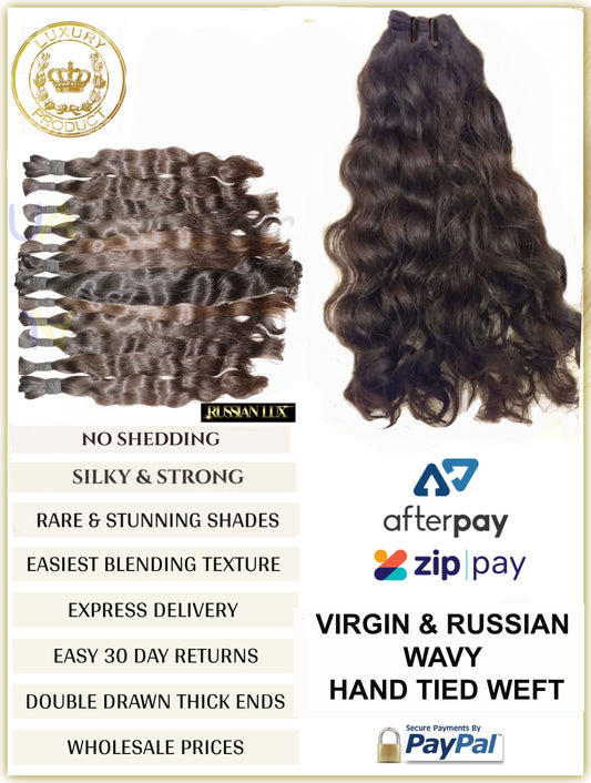 VIRGIN RUSSIAN WAVY HAND TIED WEFTS - 10.5" WIDE - 30 GRAMS