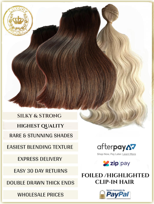 FOILED RUSSIAN CLIP-IN HAIR EXTENSIONS 150 GRAMS - 10 PIECES SUPER THICK
