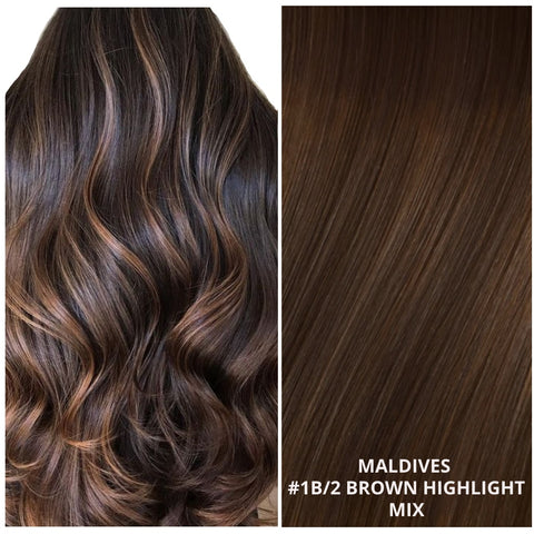 Foiled dark brown brown highlights weft hair extensions