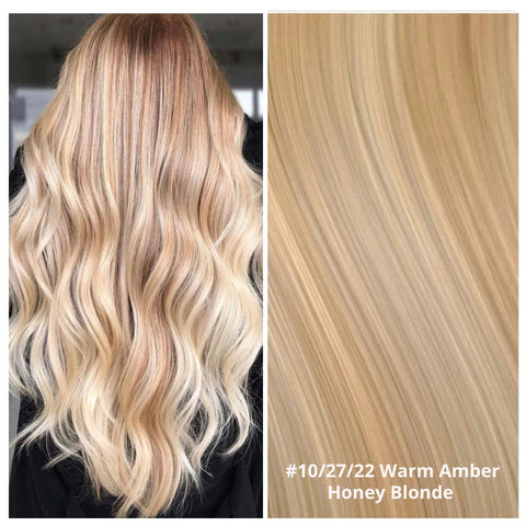 Warm Amber blonde foiled russian hair extensions