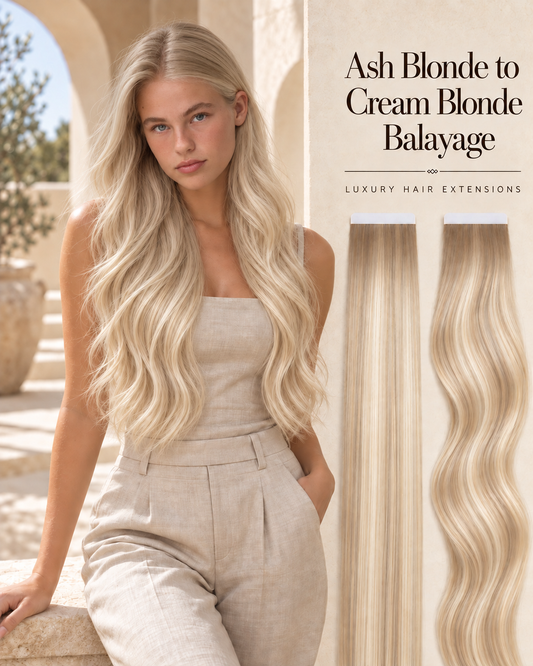 Ash blonde to cream blonde balayage tape-in hair extensions with soft ash roots and subtle blonde highlights, shown on a model beside straight and wavy samples.