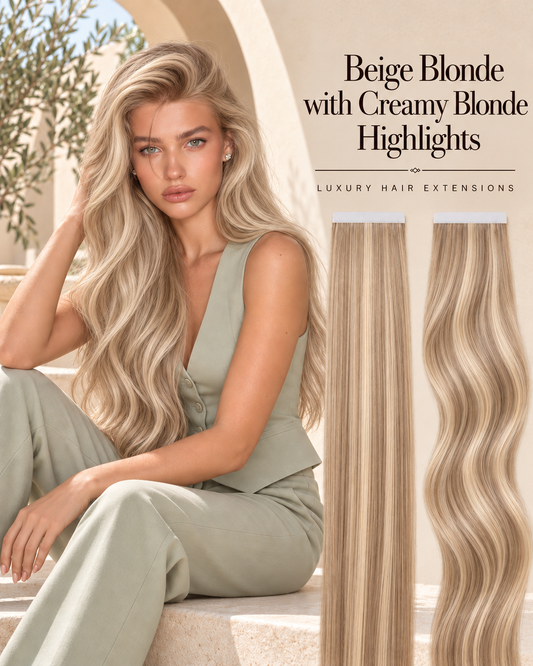 Beige Blonde with Creamy Blonde Highlights foiled Russian tape hair extensions