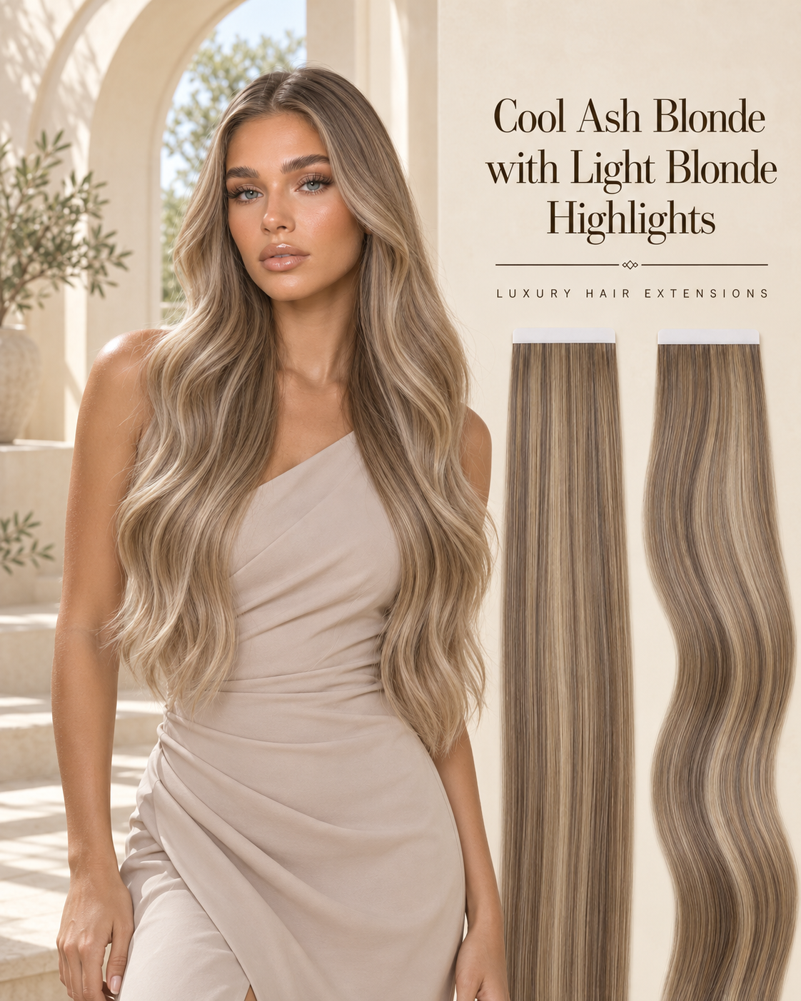 Cool Ash Blonde with Light Blonde Highlights foiled Russian tape hair extensions