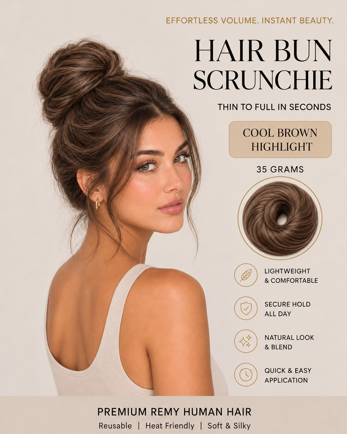 Cool brown highlight human hair scrunchie bun worn in a full updo, with a close-up of the 35 gram bun hairpiece.