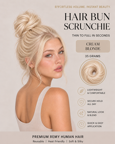Cream blonde human hair scrunchie bun worn in a softly tousled updo, with a close-up of the 35 gram bun hairpiece.