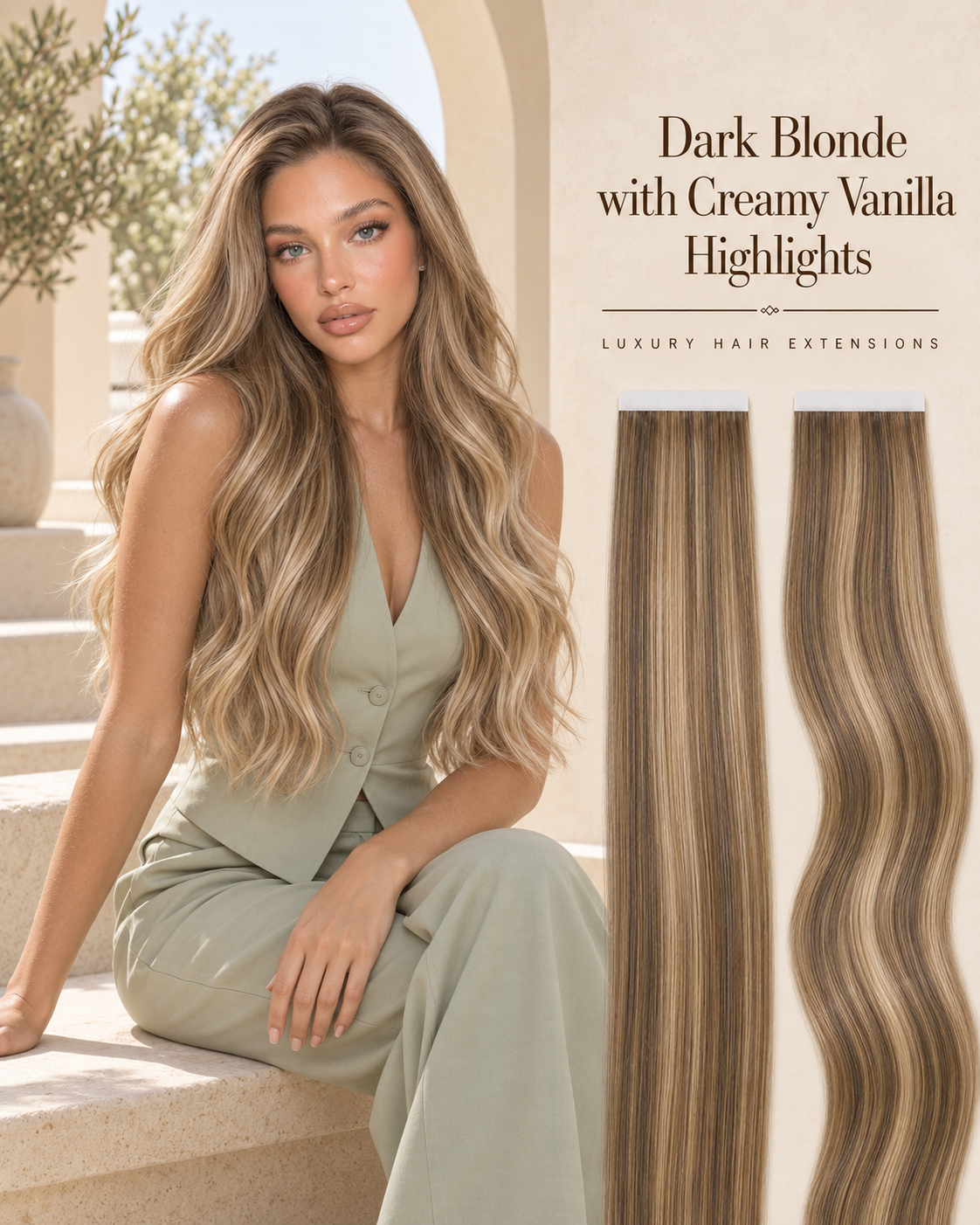 Dark Blonde with Creamy Vanilla Highlights foiled Russian tape hair extensions