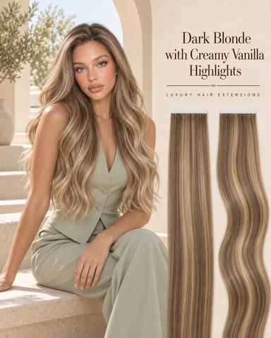 Dark Blonde with Creamy Vanilla Highlights foiled Russian tape hair extensions
