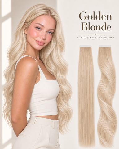 Golden Blonde Russian tape hair extensions with a blonde model and straight and wavy tape-in strands