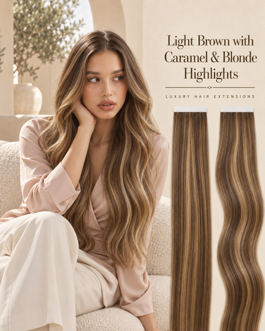 Light Brown with Caramel and Blonde Highlights foiled Russian tape hair extensions