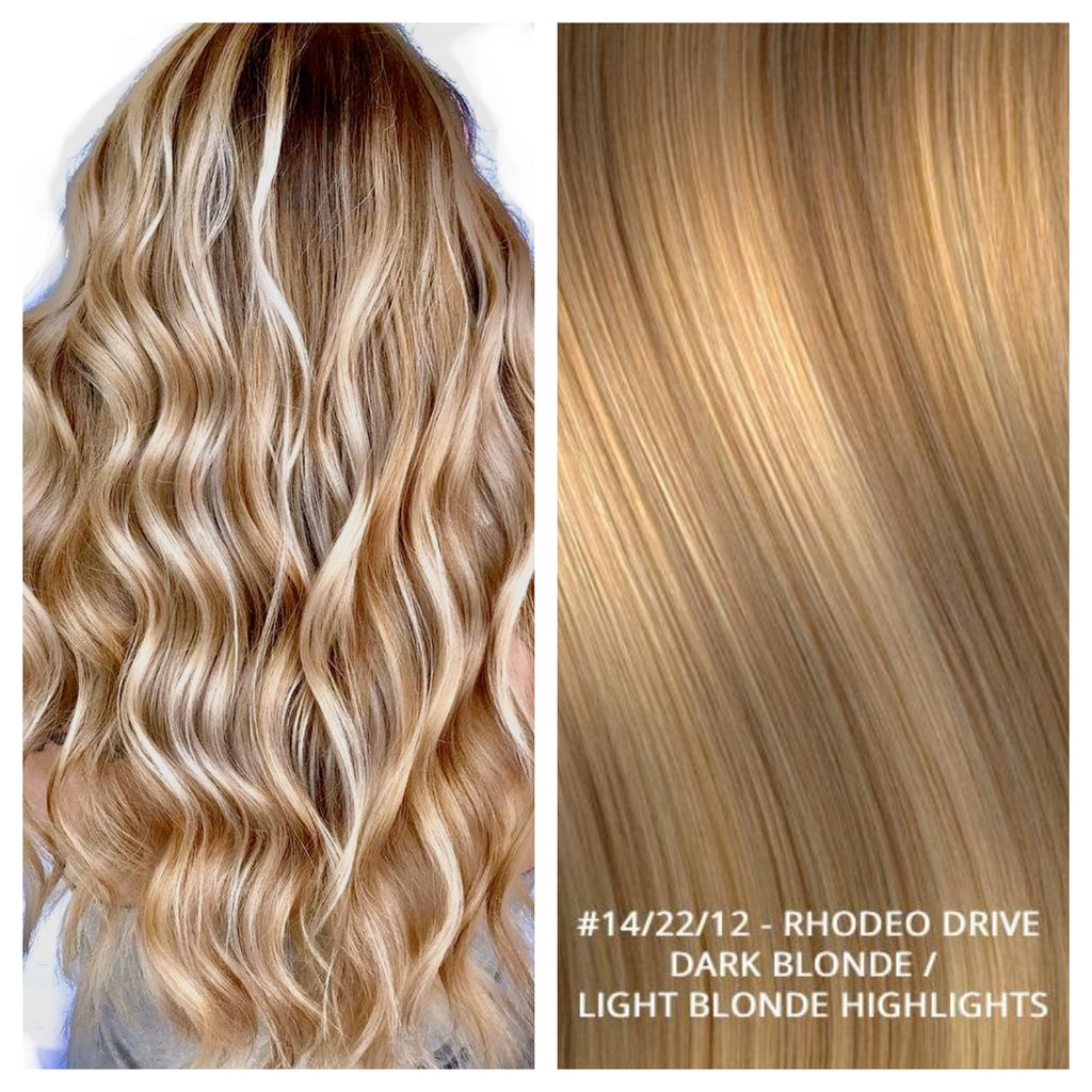 RUSSIAN WEFT WEAVE HAIR EXTENSIONS HIGHLIGHTS #14/22/12 - RHODEO DRIVE - DARK BLONDE / LIGHT BLONDE HIGHLIGHTS