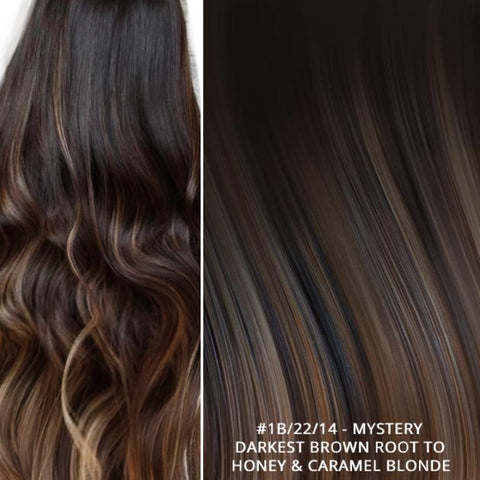 Russian tape short root balayage ombre hair extensions#1B/22/14 - MYSTERY - DARKEST BROWN ROOT TO HONEY & CARAMEL BLONDE