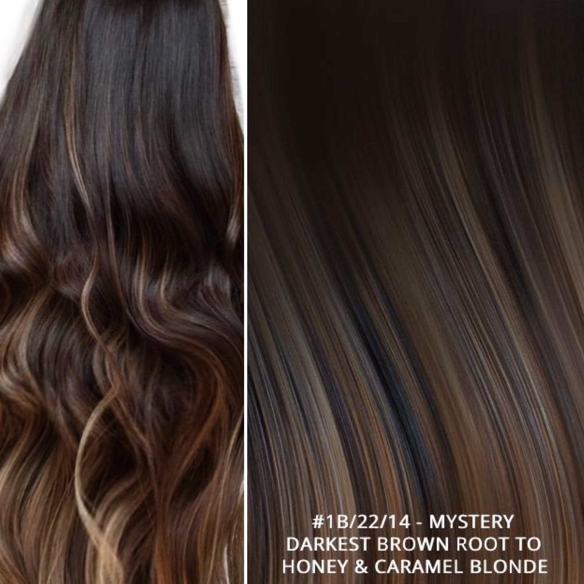 RUSSIAN CLIP IN BALAYAGE OMBRE HAIR EXTENSIONS #1B/22/14 - MYSTERY - DARKEST BROWN ROOT TO HONEY & CARAMEL BLONDE