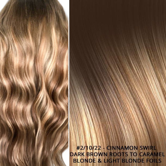 RUSSIAN TAPE BALAYAGE OMBRE HAIR EXTENSIONS #2/10/22 - CINNAMON SWIRL - DARK BROWN ROOTS TO CARAMEL BLONDE & LIGHT BLONDE FOILS