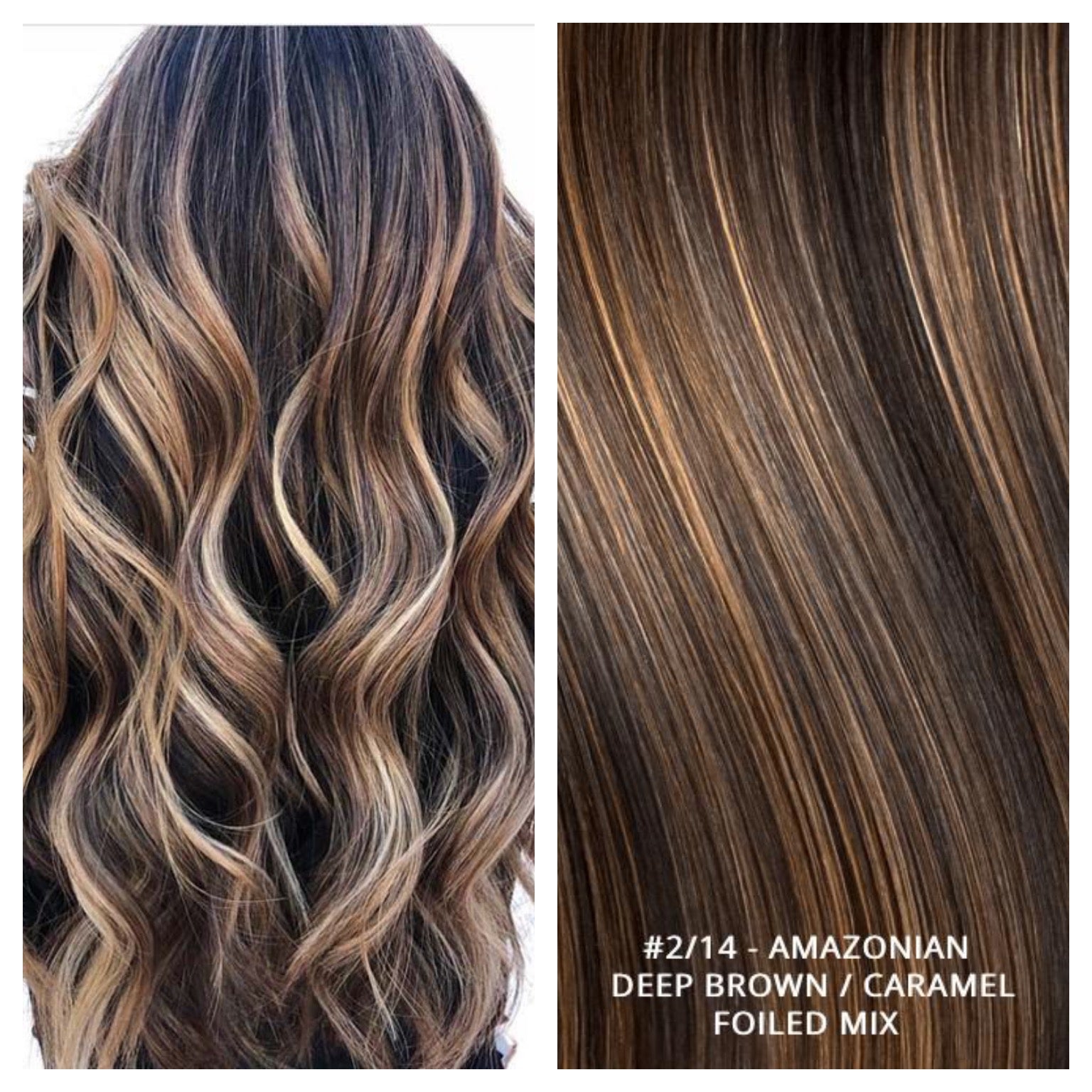 RUSSIAN WEFT WEAVE HAIR EXTENSIONS HIGHLIGHTS #2/14 - AMAZONIAN - DEEP BROWN / CARAMEL FOILED MIX