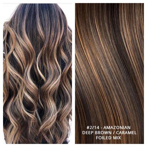 RUSSIAN MICRO-BEAD I TIP HAIR EXTENSIONS HIGHLIGHTS #2/14 - AMAZONIAN - DEEP BROWN / CARAMEL FOILED MIX