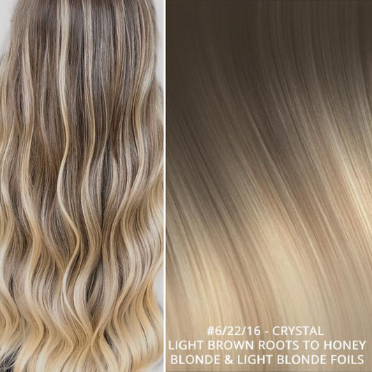 RUSSIAN CLIP IN BALAYAGE OMBRE HAIR EXTENSIONS #6/22/16 - CRYSTAL - LIGHT BROWN ROOTS TO HONEY BLONDE & LIGHT LONDE FOILS