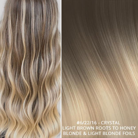 Russian tape short root balayage ombre hair extensions #6/22/16 - CRYSTAL - LIGHT BROWN ROOTS TO HONEY BLONDE & LIGHT LONDE FOILS
