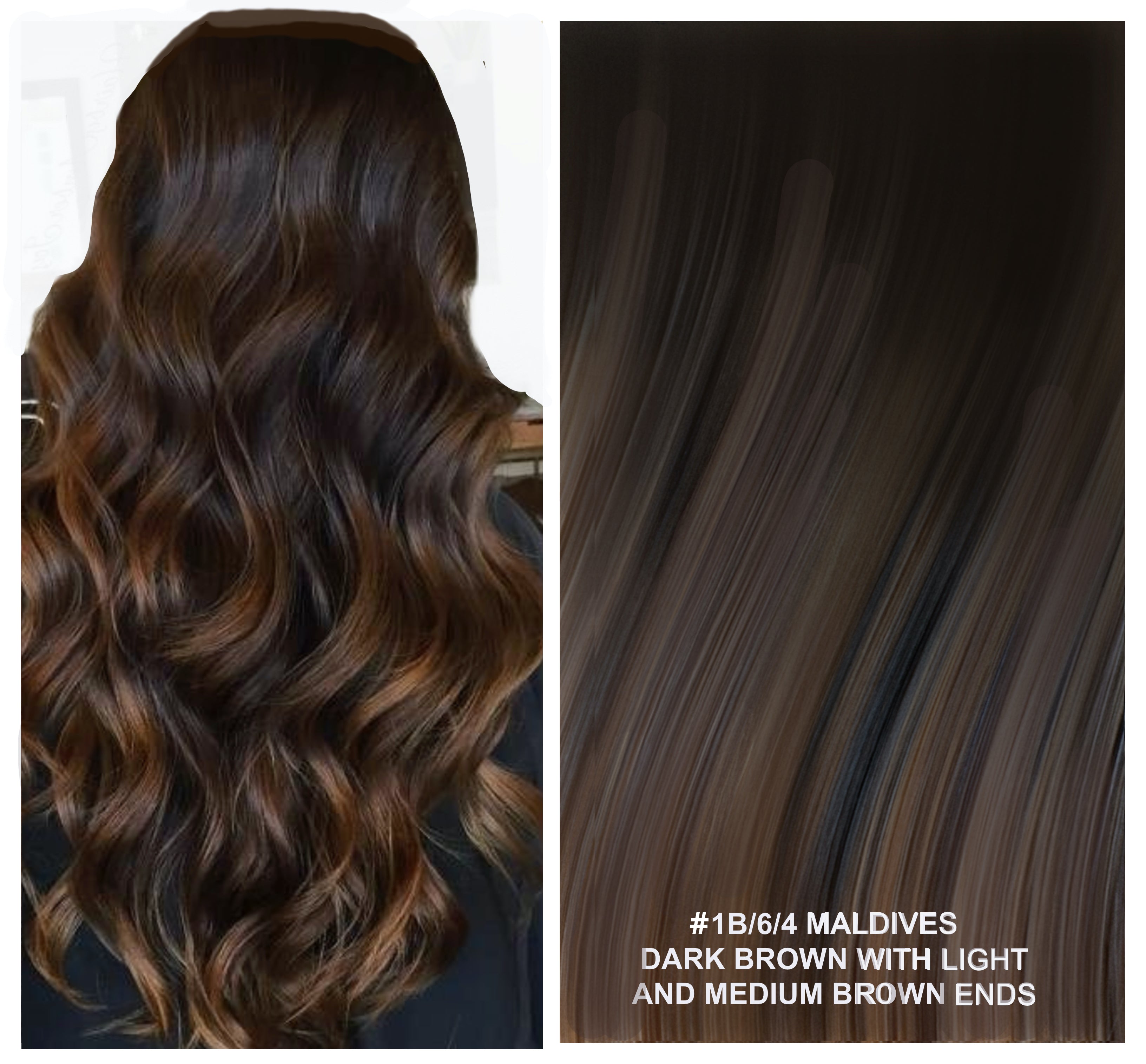 RUSSIAN TAPE HAIR EXTENSIONS HIGHLIGHTS #1B/6/4 - MALDIVES - DARK BROWN WITH LIGHT AND MEDIUM BROWN ENDS