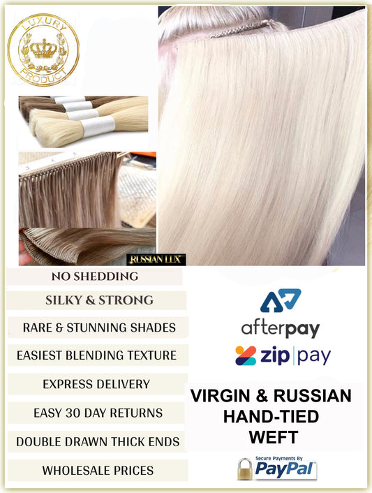 STRAIGHT - VIRGIN DOUBLE DRAWN RUSSIAN HAND TIED WEFTS 11" WIDE 50 GRAMS