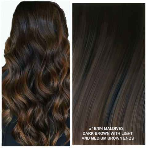 Russian tape short root balayage ombre hair extensions #1B/6/4 - MALDIVES - DARK BROWN WITH LIGHT AND MEDIUM BROWN ENDS